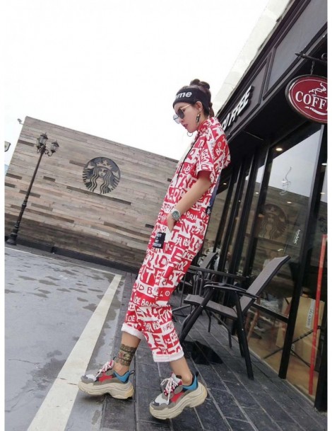 Jumpsuits Women High Street Letter Printed Ankle-Length Pants Hip Hop Design Short Sleeve Jumpsuit Novely Hooded One Piece Ov...