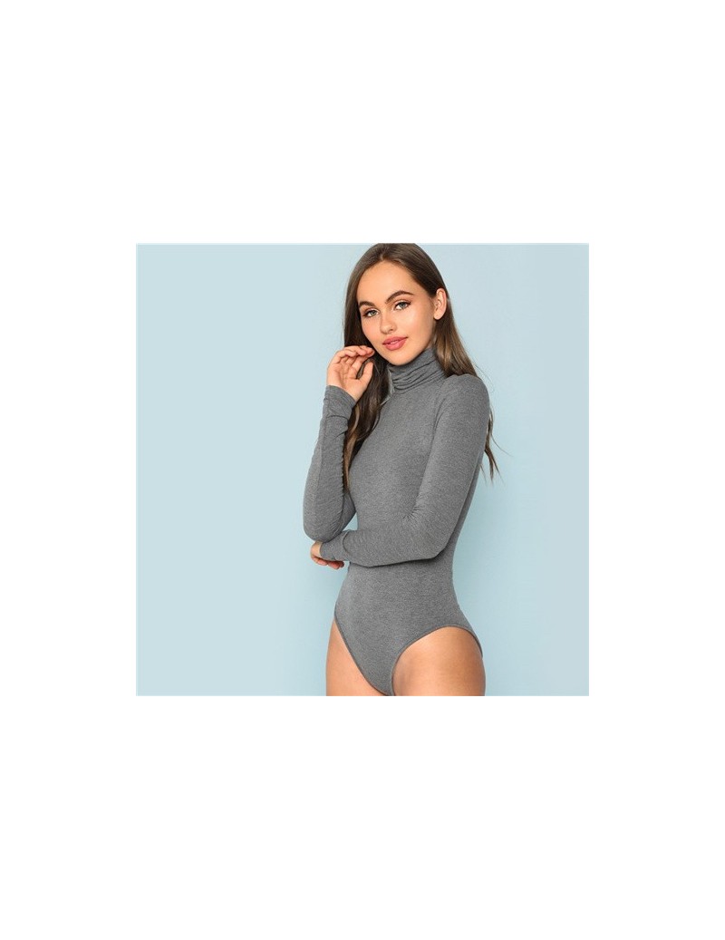Bodysuits Grey Elegant Modern Lady High Neck Heather Knit Mid Waist Solid Skinny Bodysuit 2018 Autumn Casual Women Bodysuits ...