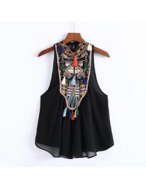 Tank Tops Bohemian Embroidery Geomtric Tassel Ball Sleeveless Tank Tops Ethnic 2018 Back Buttons Cropped Hem Women Camis Tops...