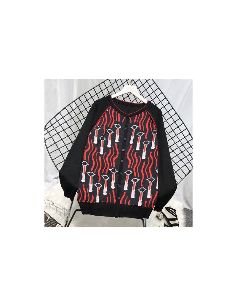 Cardigans 2019 European Women Lipstick Cardigans Lady Long Sleeve Print Knitted Cardigans Lady Lipstick Open Sweaters Knitted...