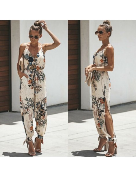 Jumpsuits Boho Women Strapy Jumpsuits V Neck Printed Jumpsuits Playsuit Romper Holiday Beach Pencil Pants Long Trousers - as ...