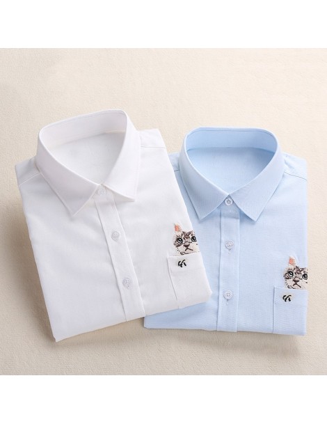 Blouses & Shirts Women School Shirt White Blue Tops Ladies Blouses Long Sleeve Shirt Female Office Top Pocket With Cat Embroi...