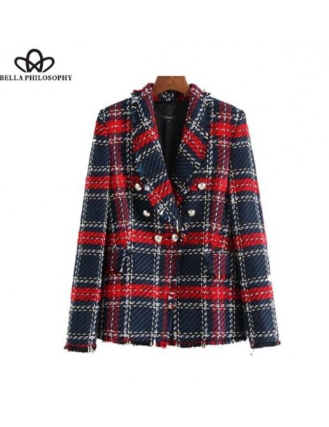 Blazers 2019 Spring Long Sleeve Plaid Tweed Women Blazer Pockets Fringe Tassel Coat Buttons Decoration Casual Outerwear - Red...