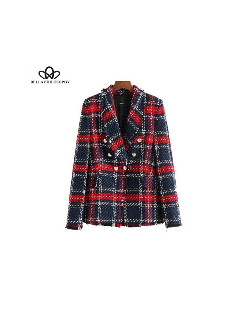 Blazers 2019 Spring Long Sleeve Plaid Tweed Women Blazer Pockets Fringe Tassel Coat Buttons Decoration Casual Outerwear - Red...