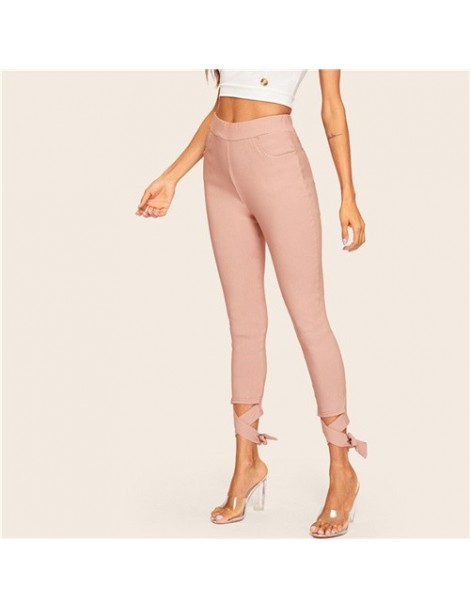 Pants & Capris Pink Criss Cross Knot Hem Solid Pants Women 2019 Summer Elastic Waist Elegant Trousers Ladies Casual Skinny Pa...