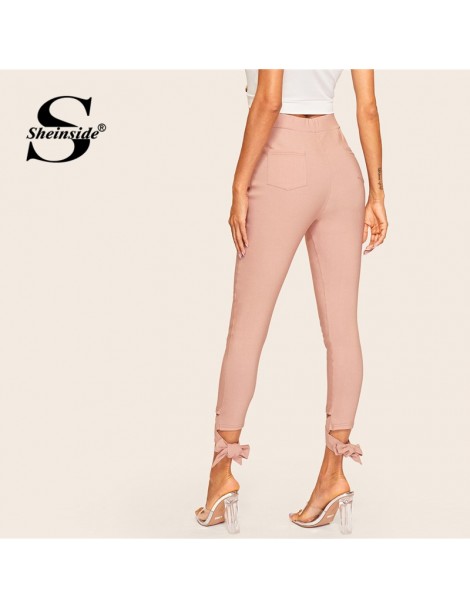 Pants & Capris Pink Criss Cross Knot Hem Solid Pants Women 2019 Summer Elastic Waist Elegant Trousers Ladies Casual Skinny Pa...
