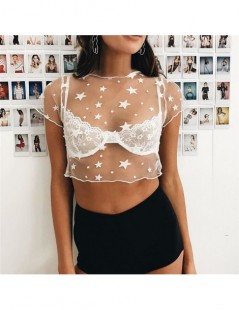 Blouses & Shirts Women's See Through Star Mesh Crop Tank Top Short Sleeve Sheer Crop Tops Black Lace Star Print Blouse - 1 - ...