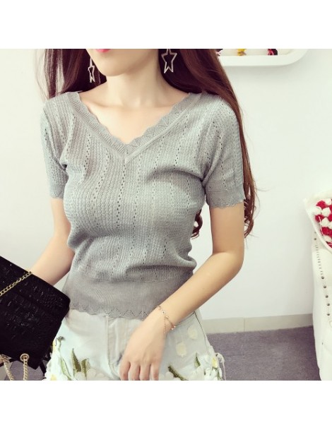 Pullovers Summer New Vintage Solid Lace Tops Tee Hollow Short Knitted Sweater Short Sleeve Korean Women Tops - gray - 4B39041...