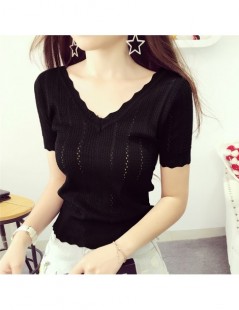 Pullovers Summer New Vintage Solid Lace Tops Tee Hollow Short Knitted Sweater Short Sleeve Korean Women Tops - gray - 4B39041...