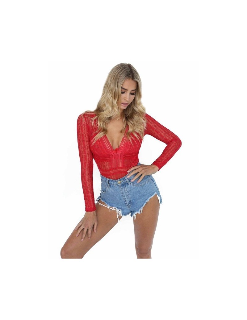 2018 New See Through Lace Bodysuits Sexy Deep V Neck Long Sleeve Skinny Rompers Women Night Club Wear Jumpsuits - Red - 4E39...