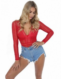 Bodysuits 2018 New See Through Lace Bodysuits Sexy Deep V Neck Long Sleeve Skinny Rompers Women Night Club Wear Jumpsuits - R...