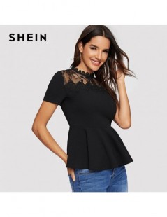 Blouses & Shirts Black Sheer Lace Yoke Peplum Top Zipper Back Short Sleeve Blouse Women Summer Office Ladies Elegant Slim Fit...