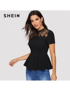 Blouses & Shirts Black Sheer Lace Yoke Peplum Top Zipper Back Short Sleeve Blouse Women Summer Office Ladies Elegant Slim Fit...