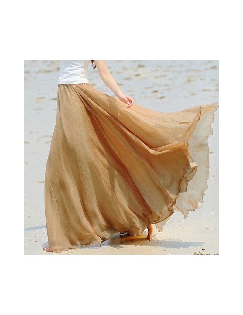 Skirts Fashion Sweet Women Double Layer Chiffon Pleated Retro Long Maxi Elastic Waist Skirt - Khaki - 433027646045-4 $26.20