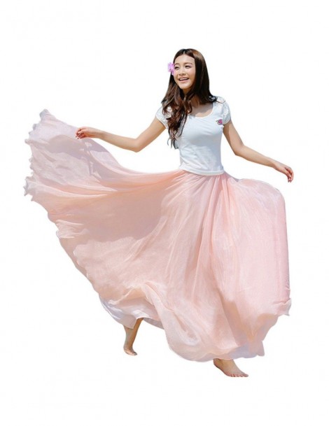 Skirts Fashion Sweet Women Double Layer Chiffon Pleated Retro Long Maxi Elastic Waist Skirt - Khaki - 433027646045-4 $12.33