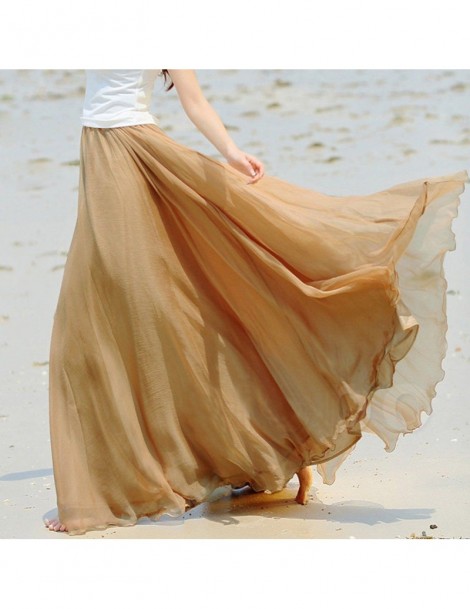 Skirts Fashion Sweet Women Double Layer Chiffon Pleated Retro Long Maxi Elastic Waist Skirt - Khaki - 433027646045-4 $12.33