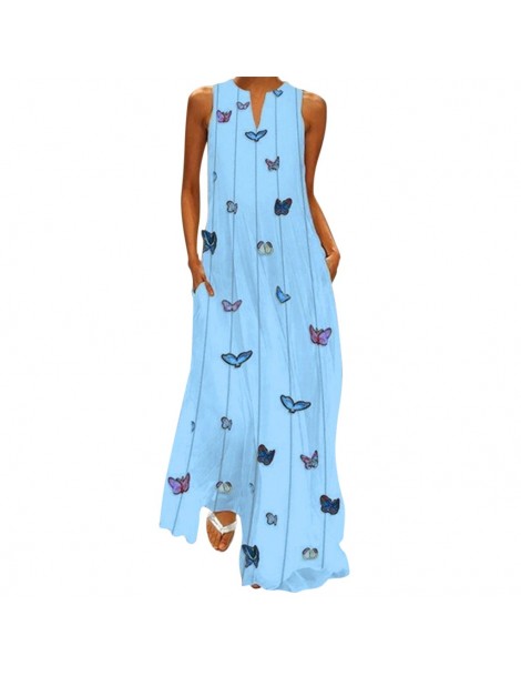 Dresses Summer Plus Size Bohemian Print Maxi Dress Women Daily Casual Sleeveless Striped Butterfly Print Loose Beach Dress Wi...