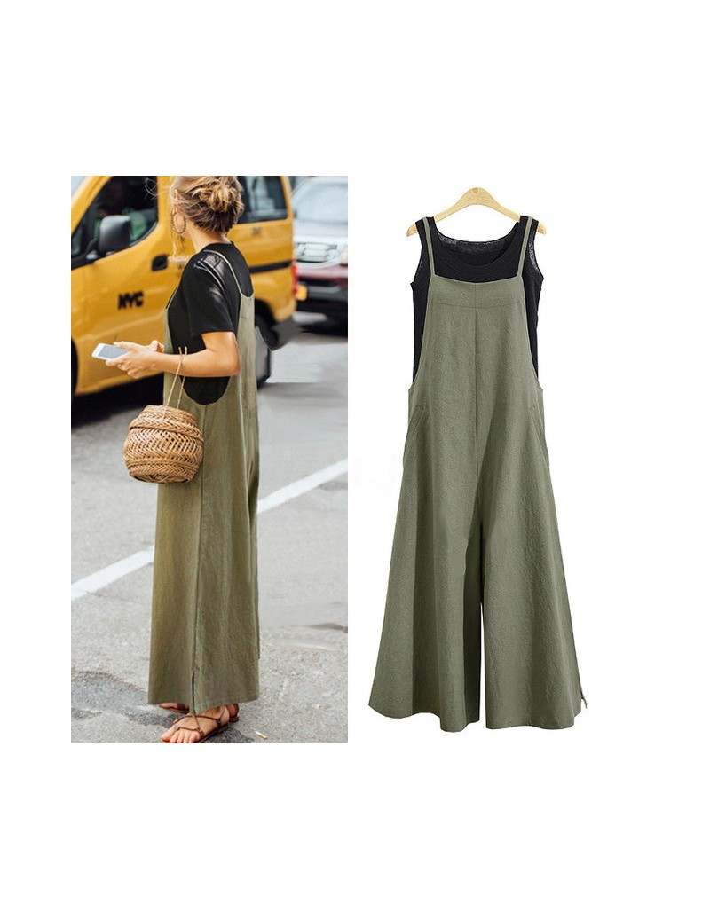 Jumpsuits New Summer Women Strappy Solid Comfy Wide Leg Jumpsuits Women's Casual Loose Dungarees Bib Overalls Cotton Linen Ro...