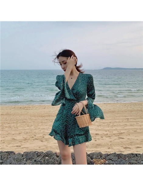 Rompers Real shot vacation wave point beach jumpsuit 2019 new fashion trumpet sleeve v-neck waist chiffon jumpsuit - Photo Co...