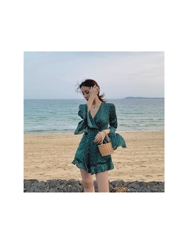 Real shot vacation wave point beach jumpsuit 2019 new fashion trumpet sleeve v-neck waist chiffon jumpsuit - Photo Color - 3...
