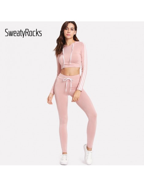 Women's Sets Striped Side Crop Hoodie With Sweatpants Set Pink Long Sleeve Stretchy Sporting Twopiece Women Autumn Hooded 2 S...
