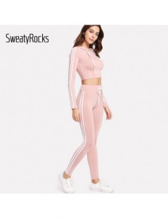 Women's Sets Striped Side Crop Hoodie With Sweatpants Set Pink Long Sleeve Stretchy Sporting Twopiece Women Autumn Hooded 2 S...