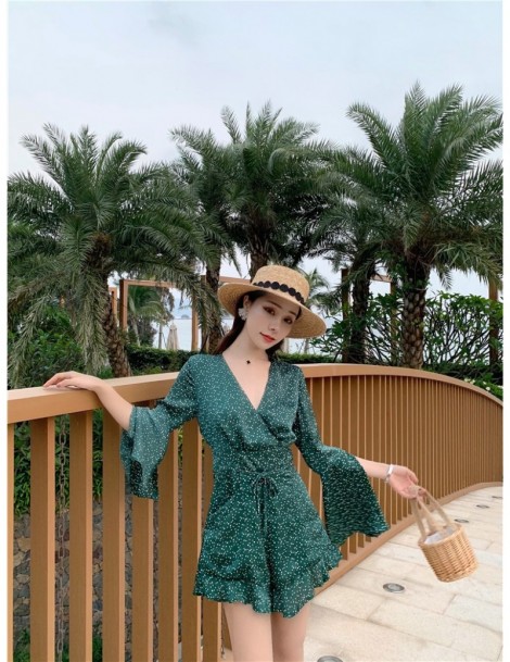 Rompers Real shot vacation wave point beach jumpsuit 2019 new fashion trumpet sleeve v-neck waist chiffon jumpsuit - Photo Co...