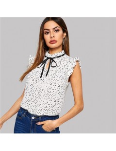 Blouses & Shirts White Polka Dot Ruffle Sleeveless Pearls Bow Stand Collar Blouse Women Summer Elegant Weekend Casual Tops an...