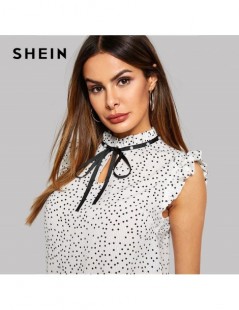 Blouses & Shirts White Polka Dot Ruffle Sleeveless Pearls Bow Stand Collar Blouse Women Summer Elegant Weekend Casual Tops an...