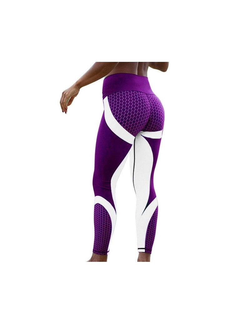 High Push Up Women Leggins Honeycomb Printed Hip Female Leggings Workout Fitness Female Legging Trousers - Purple white - 4T...