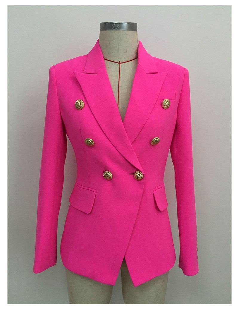 2019 Stylish Designe women Neon Pink green blue orange ginger Blazer Double Breasted Lion Buttons Blazer Jacket - Orange - 4...