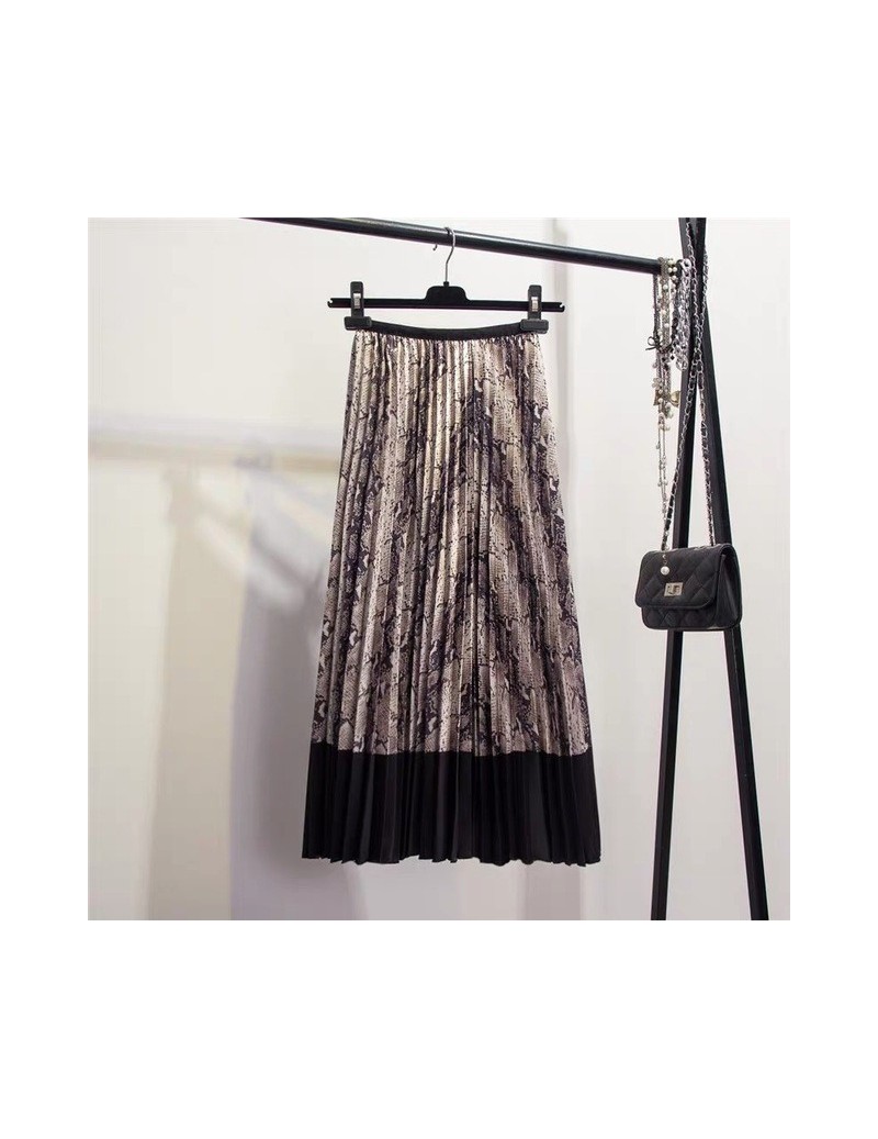 2019 Spring New-coming Western style Snakeskin pattern Contrast stitching pleated skirts High Street Style A-Line Skirts - B...