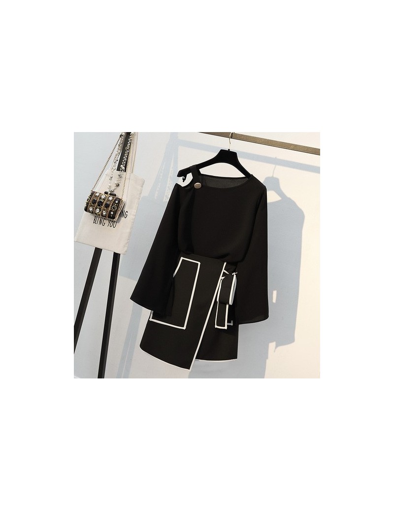 Women's Sets Plus Size L-4XL Women Long Sleeve Black Tshirt Tee + Irregular High Waist Mini Skirts Stylish Office Lady 2 Piec...