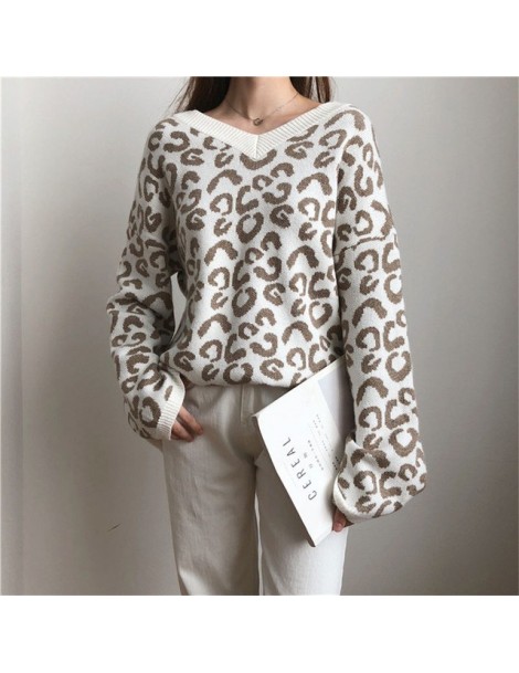 Pullovers Fashion Sweater Women Winter Pullover Knitted Leopard Print Sweater Top V-Neck Autumn Sexy Female Sweaters - creamy...