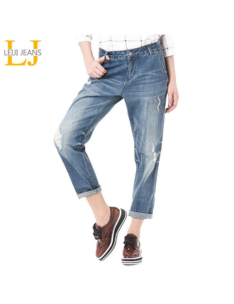 Spring Plus Size Fashion Ripped Hole Bleached Mid Waist Ankle Length Vintage Stretch Loose Harem Women Jeans - Blue - 4F3637...