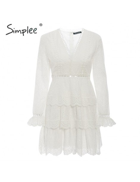 Dresses Hollow out cotton embroidery ruffled women dress A-line v-neck long sleeve female sexy dress Elegant party midi dress...