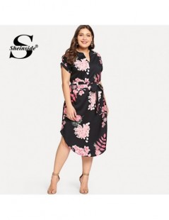 Dresses Plus Size Elegant Floral Print Straight Belted Dress Women 2019 Summer Casual Roll Up Sleeve Boho Midi Dresses - Whit...