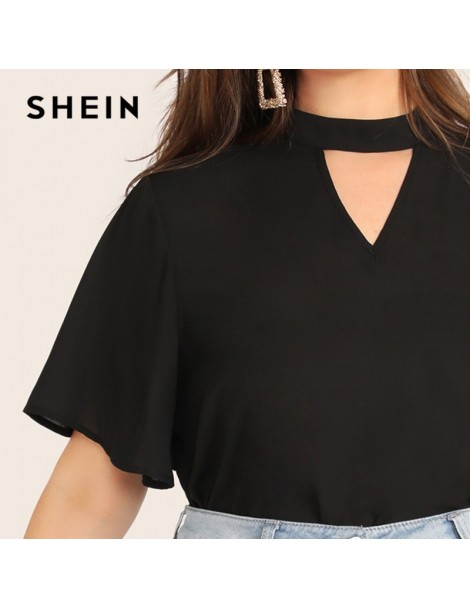 Blouses & Shirts Plus Size Black Keyhole Back V-Cut Neck Solid Top Blouse 2019 Women Summer Casual Cut Out Short Sleeve Plus ...