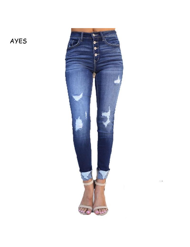 Jeans 2019 Fashion Dark Blue Women Jeans High Waist Buttons Slim Jeans Denim Women Casual Stretch Hole Ripped Trousers Jeans ...