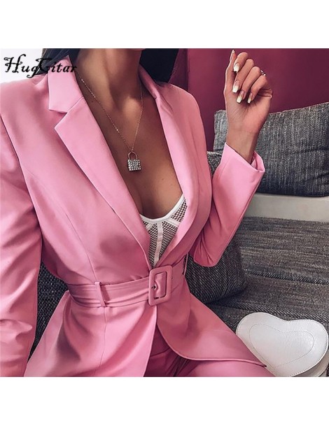Women's Sets 2019 pink blazer suit top shorts 2 two pieces set with belt autumn winter women streetwear coat jacket sets - Or...