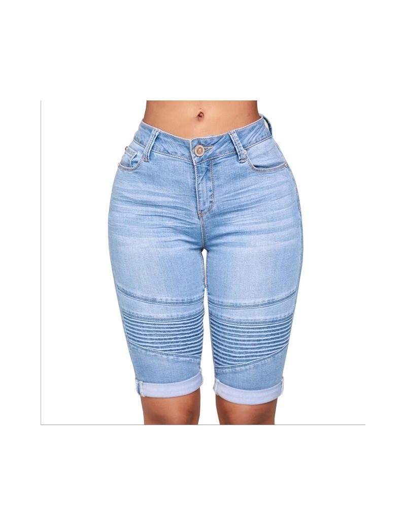 Shorts Summer Women's High Waist Denim Blue Shorts Bodycon Knee Length Elastic Slim Fit Classic Shorts 2019 New Style - Light...