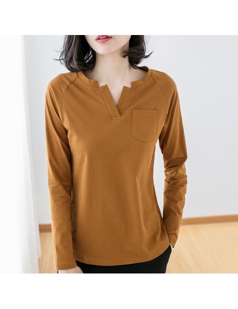T-Shirts new 2019 autumn long sleeve v-neck slim t-shirt woman fashion casual pocket woman t shirt solid plus size tshirt fem...