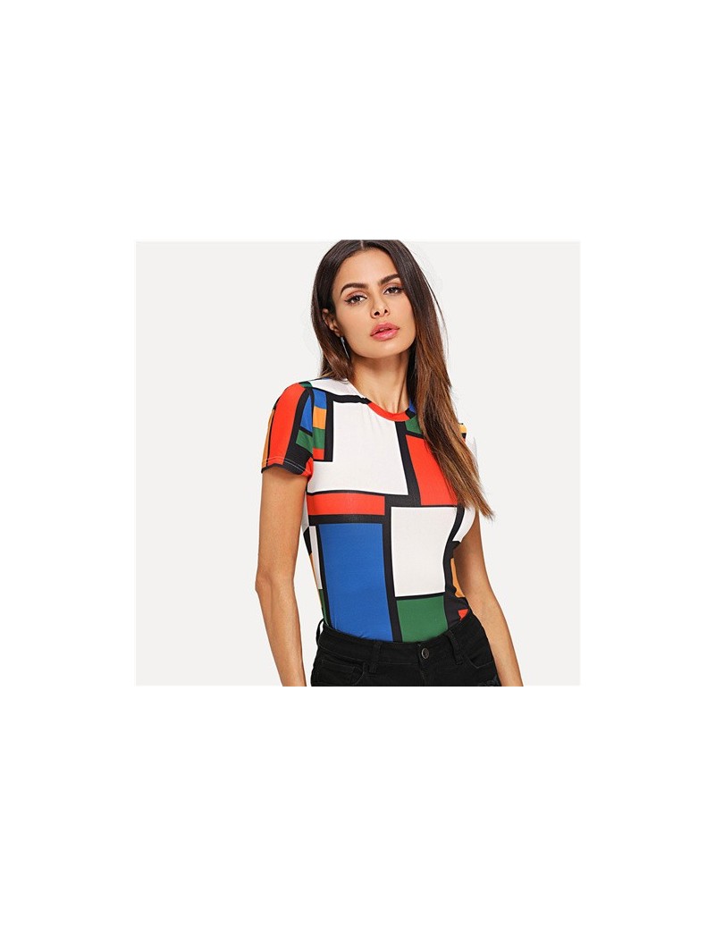 Geometric Print Color Block Top Multicolor Short Sleeve Round Neck Tee Women Raglan Sleeve Slim Fit Pullovers T-shirt - Mult...