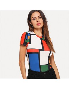 T-Shirts Geometric Print Color Block Top Multicolor Short Sleeve Round Neck Tee Women Raglan Sleeve Slim Fit Pullovers T-shir...