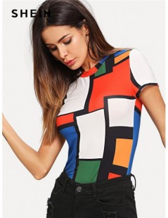 T-Shirts Geometric Print Color Block Top Multicolor Short Sleeve Round Neck Tee Women Raglan Sleeve Slim Fit Pullovers T-shir...