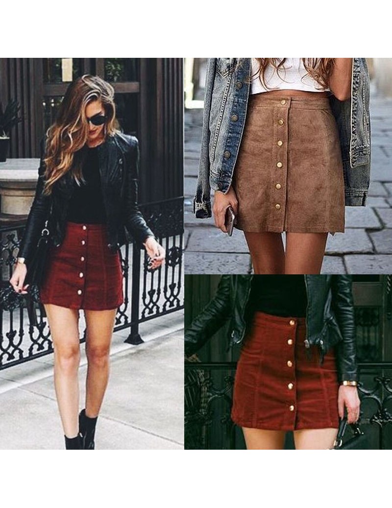 Women High Waist Bodycon Suede Leather Pocket Preppy Short Mini Skirts - Wine Red - 483912607853-1