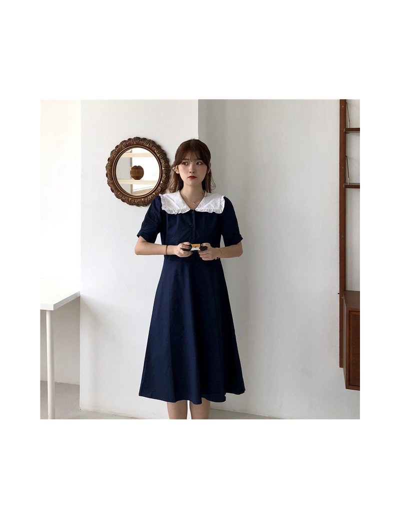 Japan Style Summer Casual Sweet Ruffled Loose Student Hit-Color Short Sleeves All-Match Dark Blue Princess Dress - photo col...