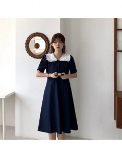 Japan Style Summer Casual Sweet Ruffled Loose Student Hit-Color Short Sleeves All-Match Dark Blue Princess Dress - photo col...