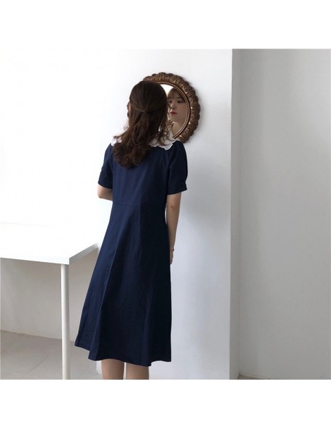 Dresses Japan Style Summer Casual Sweet Ruffled Loose Student Hit-Color Short Sleeves All-Match Dark Blue Princess Dress - ph...