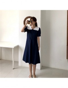 Dresses Japan Style Summer Casual Sweet Ruffled Loose Student Hit-Color Short Sleeves All-Match Dark Blue Princess Dress - ph...
